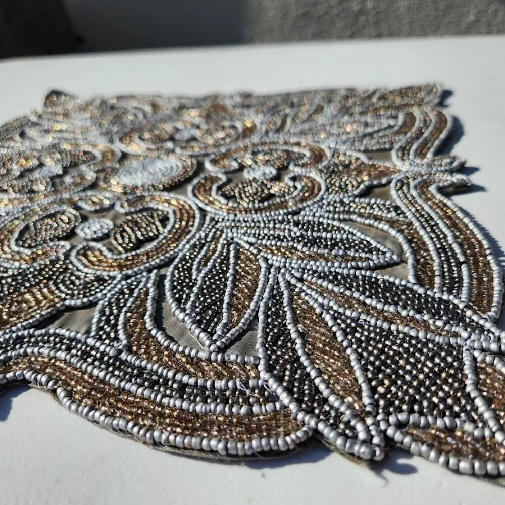 Christmas Table Setting Silver Embroidered Beaded Square Placemat Beads